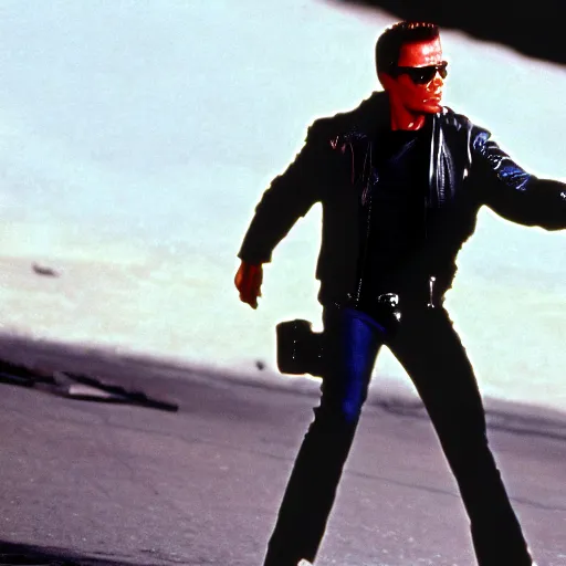 Image similar to cinematic still from terminator 2 : judgement day with the terminator played by sylvester stallone