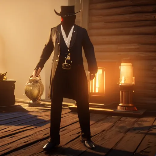 Prompt: anthropomorphic black fox, dressed as a rich man, in game screenshot of red dead redemption 2