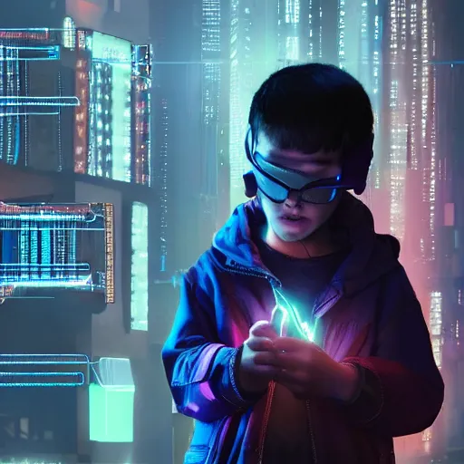 Prompt: cyberpunk kid programming his parents. the kid hand holding wire that connected to the parents head. 4 k, photorealistic, artstation, ultra detrailed.