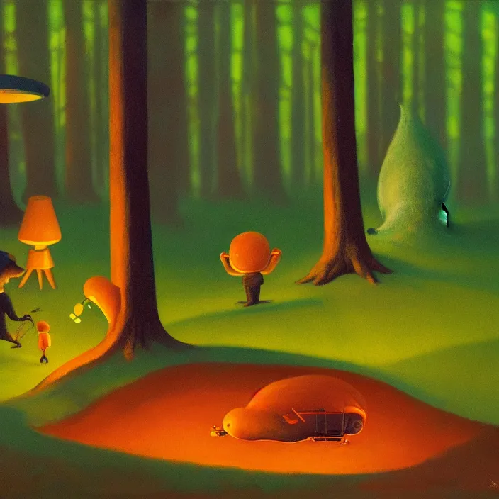 Image similar to fat alien eating slugs in the forest, highly detailed, Edward Hopper and James Gilleard