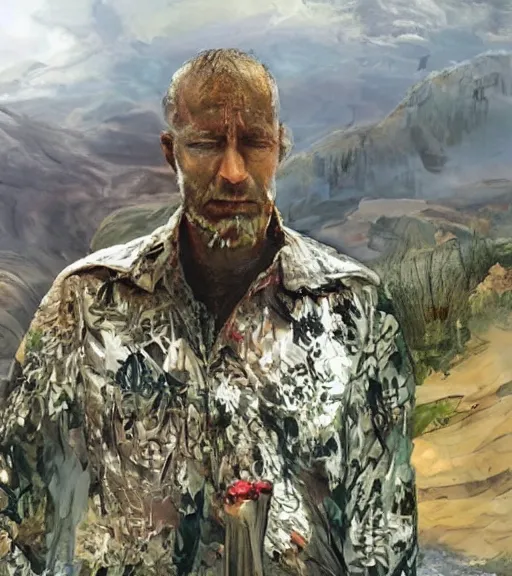 Image similar to portrait of muscular, tired and alcoholic 3 4 - year - old grieving man with short darkblonde hair, serious sad look in his eyes, looking down, dirty beard, blue eyes, crying tears, wearing dirty soldier uniform, on the desert, sad atmosphere, hyper realistic face, character art, art by mark brooks, cryengine, trending on artstation, digital art