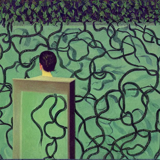 Image similar to portrait of an artist in her apartment, wrapped in vines, stones, black walls, puddles, moss, acrylic on canvas, by magritte and monet