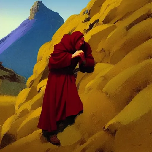 Image similar to sienna portrait of the astute monk crimson robe climbing the treacherous mountain stairway to the monastery jamie wyeth james gilleard edward hopper greg rutkowski acrylic painting