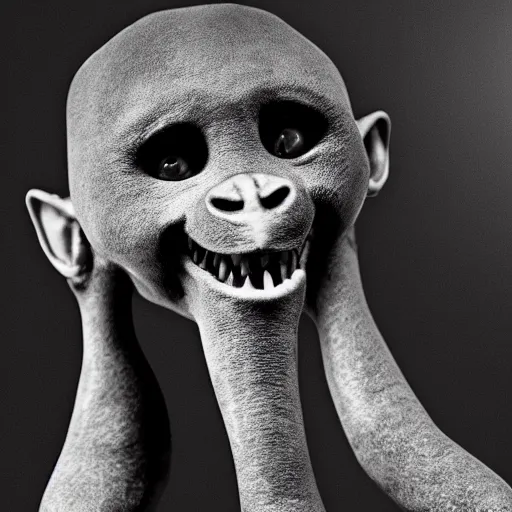 Prompt: black and white photo of a uncanny, scary, creepy Obunga with sharp teeth, realistic