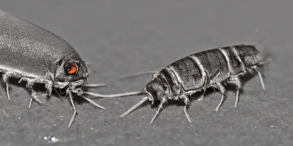 Image similar to Silverfish - stack of 15 shots in helicon focus shot with Sony A9 and Laowa 25mm 2.5-5x at 2.5x, 1_200s, f8 and ISO8000 on black acrylic in black background