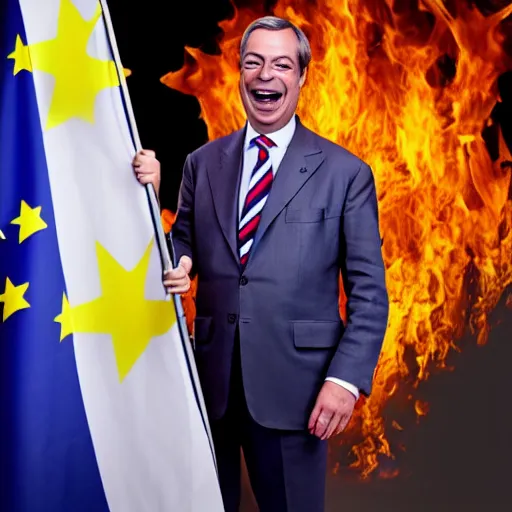 Image similar to nigel farage laughing holding burning eu flag, studio photograph, hd, studio