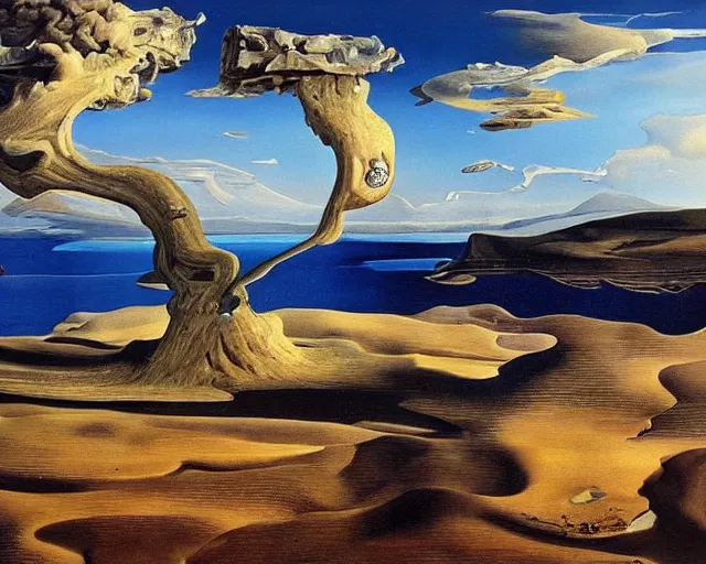 Prompt: a painting of a landscape, a surrealist painting by salvador dali, cgsociety, fantastic realism, surrealist, detailed painting