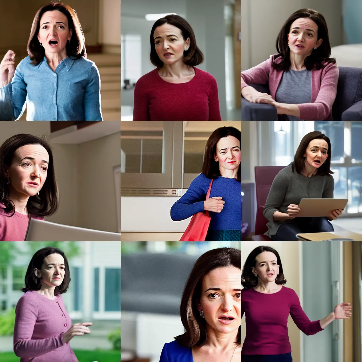 Prompt: Movie still of Sheryl Sandberg depicted as an angry woman in Facebook The Movie (2017), directed by Steven Spielberg