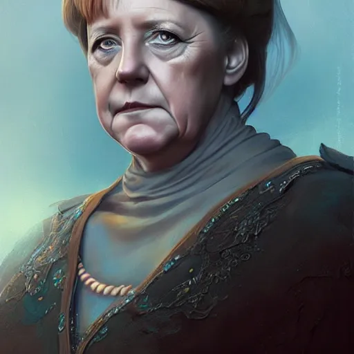 Prompt: angela merkel portrait by ruan jia, tom bagshaw, peter mohrbacher, brian froud, epic sky, vray render, artstation, deviantart, pinterest