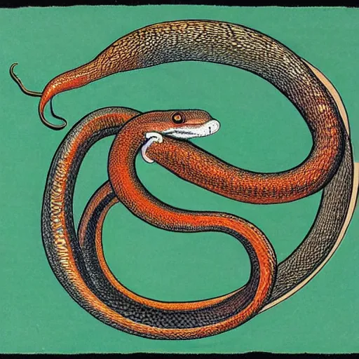 Prompt: ouroboros snake biting its own tail to make a circle, tinted colours, highly detailed head, famous painting in the style of Claude Monet,