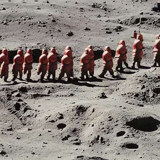 Image similar to full - color 1 9 7 2 photo of dozens of terra - cotta warriors being excavated on the moon by archaeologists wearing space - suits at a dig - site. high - quality professional journalistic photography from time magazine.