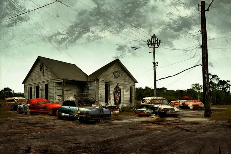 Image similar to scene from louisiana swamps, voodoo cult, old protestant church with neon satanic pentagram, junkyard by the road, boy scout troop, voodoo artwork by tim eitel