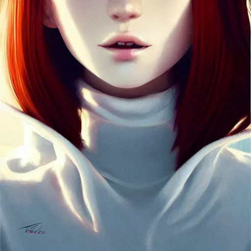 Image similar to beautiful pale vampire with auburn hair in a white turtleneck dress, on a super yacht, by guweiz and wlop and ilya kuvshinov and and moebius and bilal and artgerm, symmetrical eyes, aesthetic, gorgeous, stunning, alluring, attractive, half body portrait, artstation, deviantart, pinterest, digital art