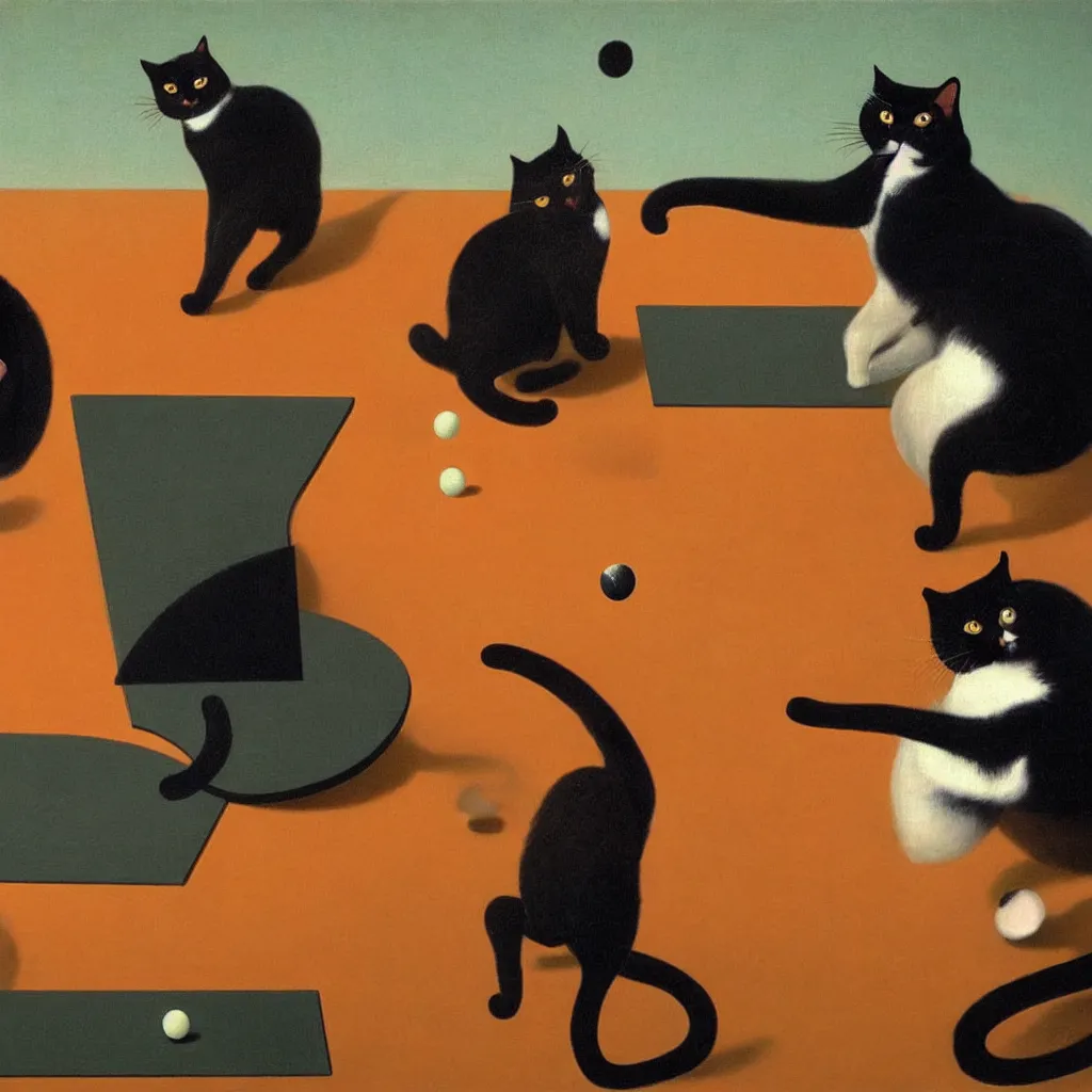 Image similar to a detailed picture of two cats playing ping - pong, orange background, oil painting, velazquez and magritte