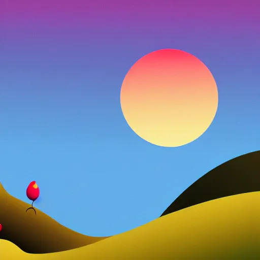 Prompt: a illustration of a plum on a hill looking at the sunset high quality