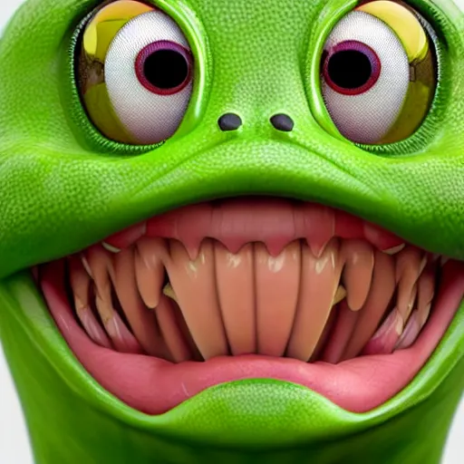 Prompt: a madge - pepe - the - frog, looking angrier than usual, quivering lips, fists in the air, sweat flying, cgi render, zbrush, octane, keyshot render