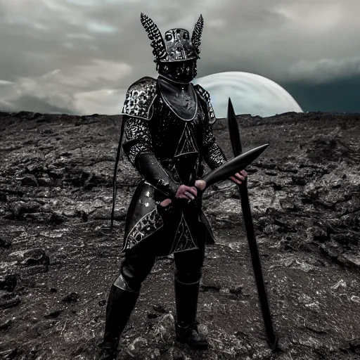 Prompt: badass photograph of a man clad in black metallic medieval armor holding a glowing trident, background of a nuclear wasteland at night with lava, dramatic lighting, film still