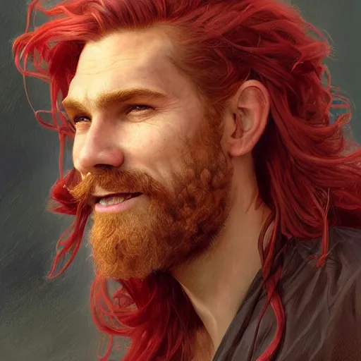 Image similar to portrait of a young ruggedly handsome but joyful pirate, male, masculine, upper body, red crimson hair, long flowing hair, fantasy, wide smirk, intricate, elegant, highly detailed, digital painting, artstation, concept art, matte, sharp focus, illustration, art by artgerm and greg rutkowski and alphonse mucha