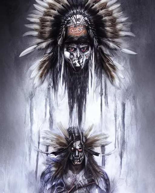 Image similar to wolf - human hybrid mutant ghost - spirit of the grim - warpaint wears the scarlet skull armor and native blood headdress feathers, midnight fog - mist!, dark oil painting colors, realism, cinematic lighting, various refining methods, micro macro autofocus, ultra definition, award winning photo, photograph by ghostwave - gammell - giger - shadowlord