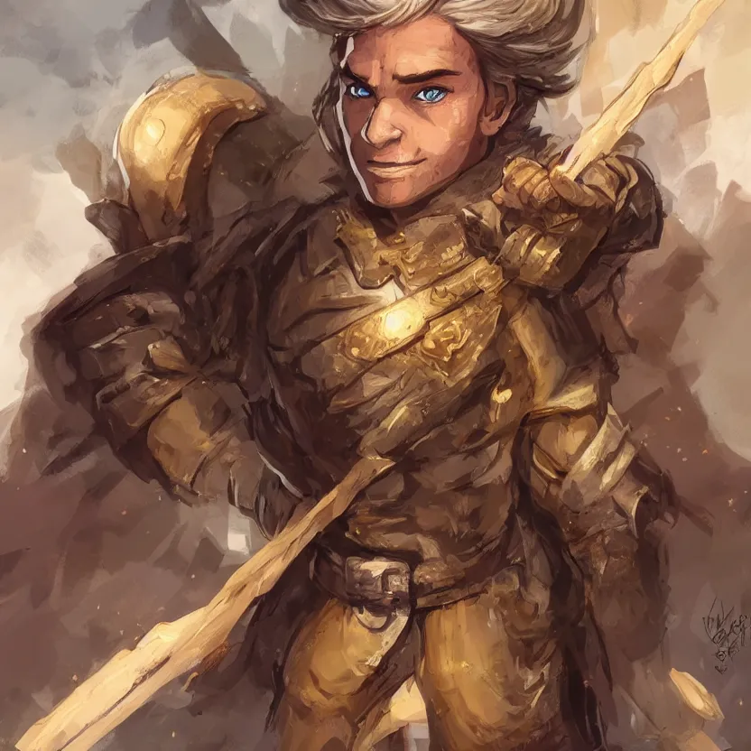 Image similar to Male Halfling with white hair, light brown skin and golden eyes character art, D&D, high detail