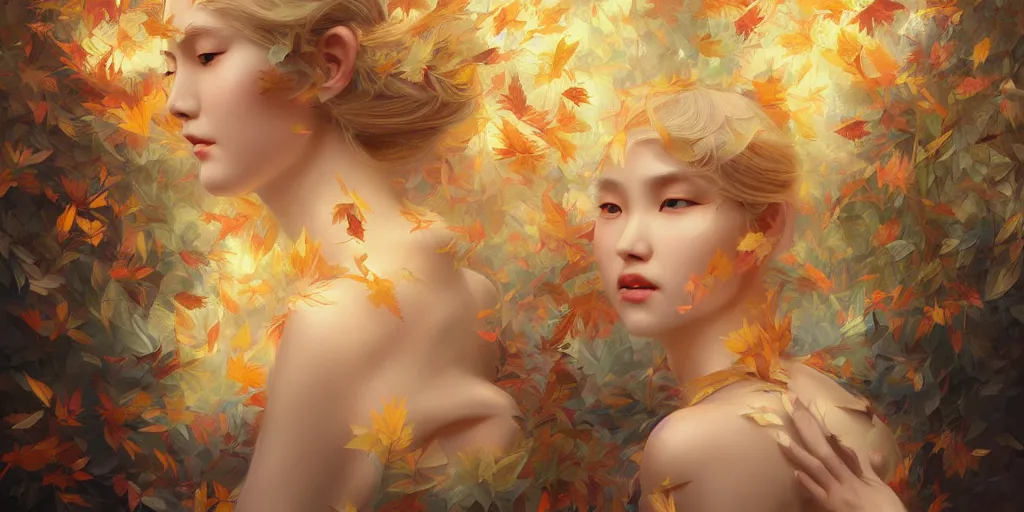 Image similar to breathtaking detailed concept art painting art deco pattern of blonde goddesses faces amalgamation autumn leaves, by hsiao - ron cheng and volegov, bizarre compositions, exquisite detail, extremely moody lighting, 8 k