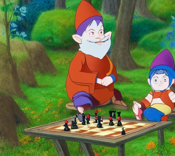 Prompt: two gnomes playing chess in a forest, cute, colourful, detailed, high quality, pastel colours, brushed, 4 k, by studio disney and studio ghibli and maurice sendak and richard scarry