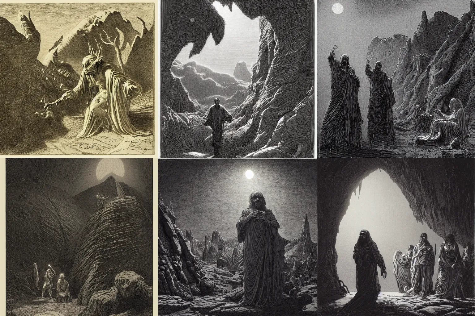 Prompt: etching by Franklin Booth and Gustav Doré showing frightened sorcerer in the desert by night surrounded by nightmares, mystic athmosphere, by Greg Rutkowski, deformed rocks, snakes, scorpions, UHD, 8K,