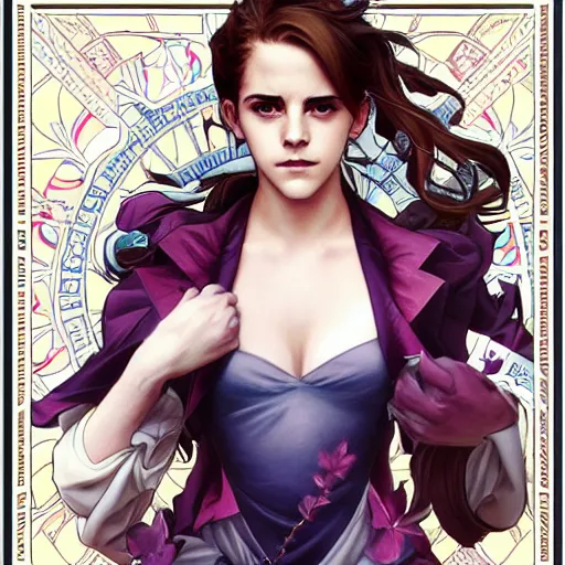 Image similar to emma watson perfect coloring, low saturation, epic composition, masterpiece, bold complimentary colors. stunning masterfully illustrated by artgerm, range murata, alphonse mucha, katsuhiro otomo