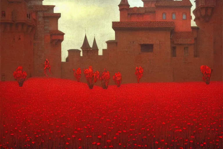 Image similar to only with red, red flowers of different types, a red tiger, a castle in the background, medieval demons dance over the flowers, an ancient path, in the style of beksinski, part by hopper, part by rodcenko, part by hofbauer, intricate composition, red by caravaggio, insanely quality, highly detailed, masterpiece, red light, artstation