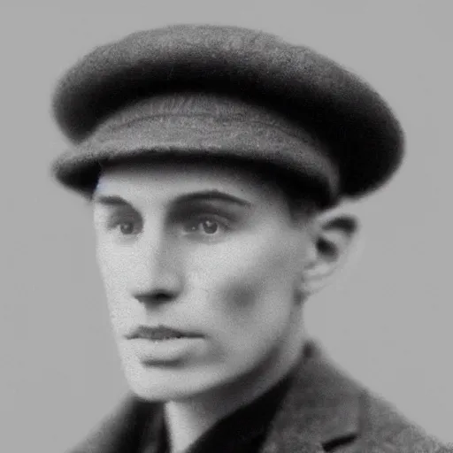 Image similar to A photograph portrait of Jerma985 wearing a newsboy cap in the early 1900s, taken in the early 1900s, grainy, taken on a early 1900s Kodak Camera, realistic, hyperrealistic, very realistic, highly detailed, very detailed, extremely detailed, detailed, digital art, trending on artstation