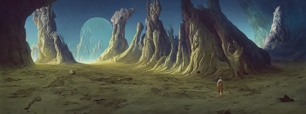 Prompt: A fresco painting of a nomadic wanderer traversing a corrupted futuristic crystal desert by Jacek Yurka, Kelly Freas, Filip Hodas, Paul Lehr, Dan Mumford, Max Ernst, Roger Dean, Caspar David Friedrich, Barclay Shaw, Jeffrey Smith, Jean Giraud