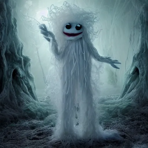 Image similar to an ethereal dream like fantasy fluffy ghost like spooky live action muppet wraith like figure with a squid like parasite latched as its head and four long tentacles for arms that flow gracefully at its sides like a cloak while it floats around a frozen rocky tundra in the snow searching for lost souls and that hides amongst the shadows in the trees, this character has cryokinesis and electrokinesis and is a real muppet by sesame street for a spooky halloween special, photo realistic, real, realistic, felt, stopmotion, photography, sesame street