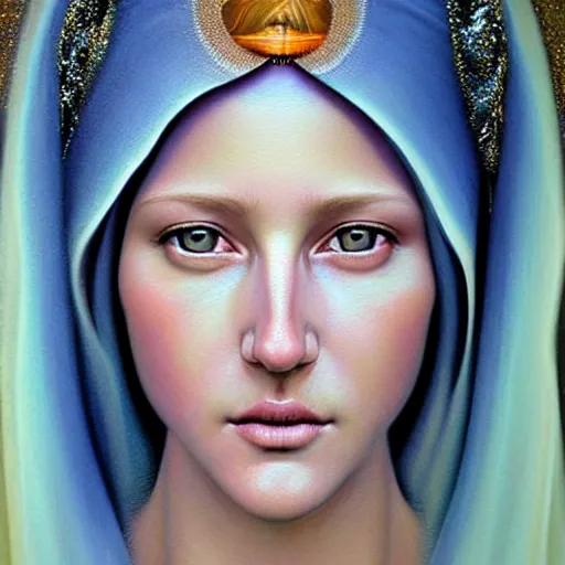 Image similar to hyperrealistic mixed media painting of beautiful Virgin Mary, stunning 3d render inspired art by P. Craig Russell and Barry Windsor-Smith, perfect facial symmetry, dim volumetric lighting, full full full full face face face face face 8k octane beautifully detailed render, headpiece headpiece headpiece, post-processing, portrait, extremely hyper-detailed, intricate, epic composition, brown brown brown eyes eyes eyes eyes, realistic realistic realistic eyes, cinematic lighting, masterpiece, trending on artstation, detailed detailed detailed, masterpiece, stunning