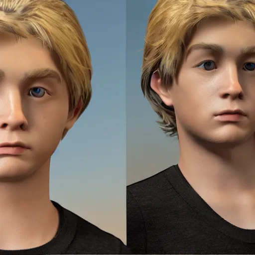 Image similar to full body unreal engine 5 render of a blonde boy with a highly detailed face