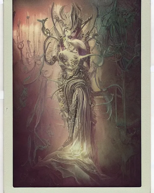 Image similar to a beautiful detailed front view of a dead rotten princess growing ornate baroque, ornamentation, elegant, beautifully soft lit, by wayne barlowe, peter mohrbacher, kelly mckernan, 1 9 1 0 polaroid photography
