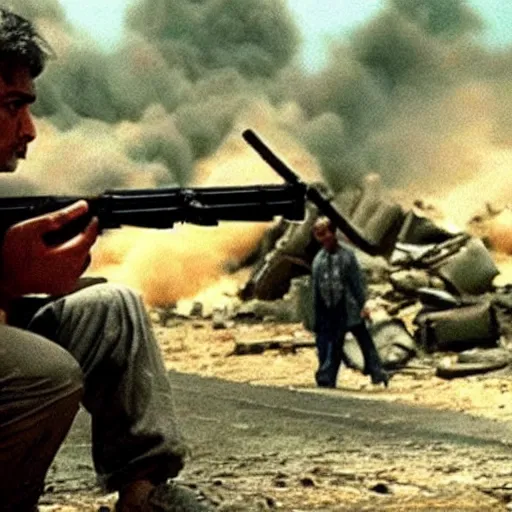 Image similar to [ [ modi ] ] firing ak 4 7 bomb blast background still from rambo