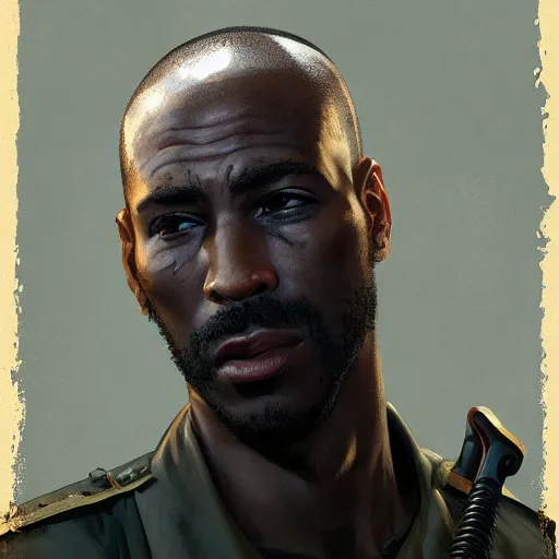 Prompt: Portrait of a black man with buzzcut as a soldier character in Fallout 4, gorgeous, beautiful, intricate, highly detailed, digital painting, artstation, oppressive lighting, concept art, sharp focus, illustration, art by greg rutkowski and alphonse mucha