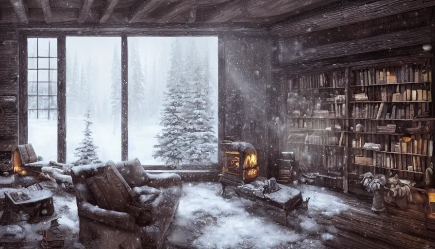 Image similar to A highly detailed matte painting of interior of old cabin in snowy forest, fireplace, bookshelves, old couch, snowing outside windows, by Studio Ghibli, Makoto Shinkai, by Artgerm, by WLOP, by Greg Rutkowski, volumetric lighting, octane render, 4K resolution, trending on artstation, masterpiece