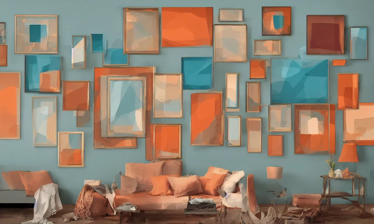 Prompt: 4 painting frames on a room wall, geometric arrangements, night time, illuminated lampstands, beautiful volumetric lighting, smooth, soft teal and orange colors, photorealism