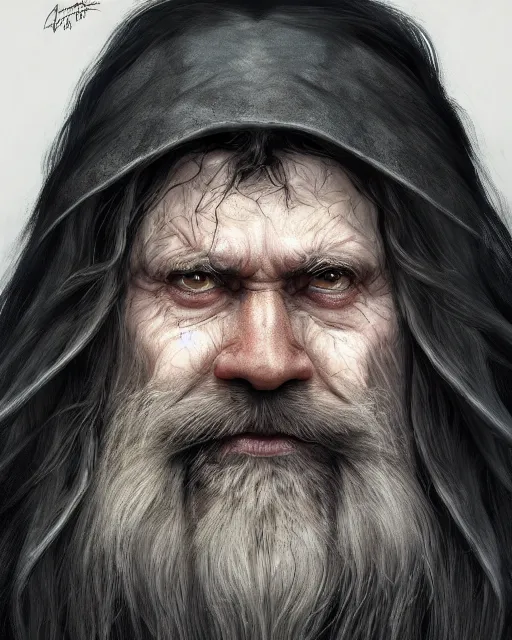 Image similar to portrait of a 6 0 - year - old giant man with long tangles of bushy black hair and beard hiding most of his face, wearing in black cloak, hyper realistic face, beautiful eyes, character art, art by mark brooks, hyperdetailed, cryengine, trending on artstation, digital art