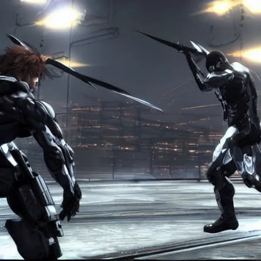 Prompt: hideo and kojima fight to the death in metal gear rising : revengeance