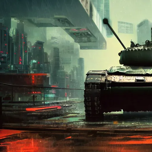 Prompt: high quality photo of a tank by the ocean in a cyberpunk cyberpunk cyberpunk city, realism, 8k, award winning photo