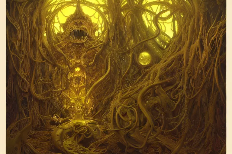 Image similar to a lovecraftian painting of the madness of the yellow king, cosmic horror elements, ultra realistic, concept art, intricate details, eerie, highly detailed, photorealistic, octane render, 8 k, unreal engine. art by artgerm and greg rutkowski and alphonse mucha