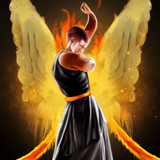 Image similar to fire-eating angel at top of the Mountain. Muscular covered with black toga. High resolution. Digital art. Einar Jonsson. Artstation.