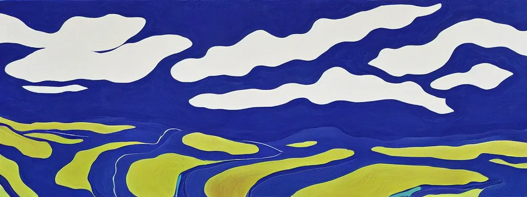 Prompt: Psychedelic sci-fi dreamworld. Landscape painting. Organic. Winding rushing water. Waves. Clouds. Landscape by Alex Katz.