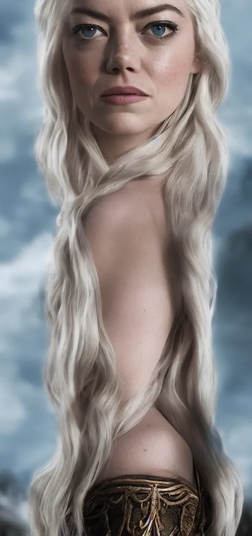 Image similar to Emma Stone as Daenerys Targaryen, vertical wallpaper, XF IQ4, 150MP, 50mm, F1.4, ISO 200, 1/160s, natural light