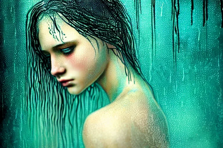 Prompt: girl finding freedom in rain with wet hair and face, teal, fantasy, intricate, elegant, dramatic lighting, emotionally evoking symbolic metaphor, highly detailed, lifelike, photorealistic, digital painting, artstation, concept art, smooth, sharp focus, illustration, art by John Collier and Albert Aublet and Krenz Cushart and Artem Demura and Alphonse Mucha