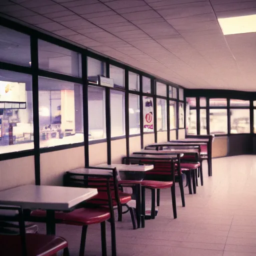 Prompt: a 3 5 mm pentax k 1 0 0 0 photograph of a liminal empty moody mcdonalds interior. empty tables. food garbage scattered about.