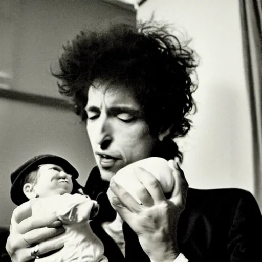 Prompt: bob dylan cradling the eraserhead baby like a baby, photograph, 1 9 6 5