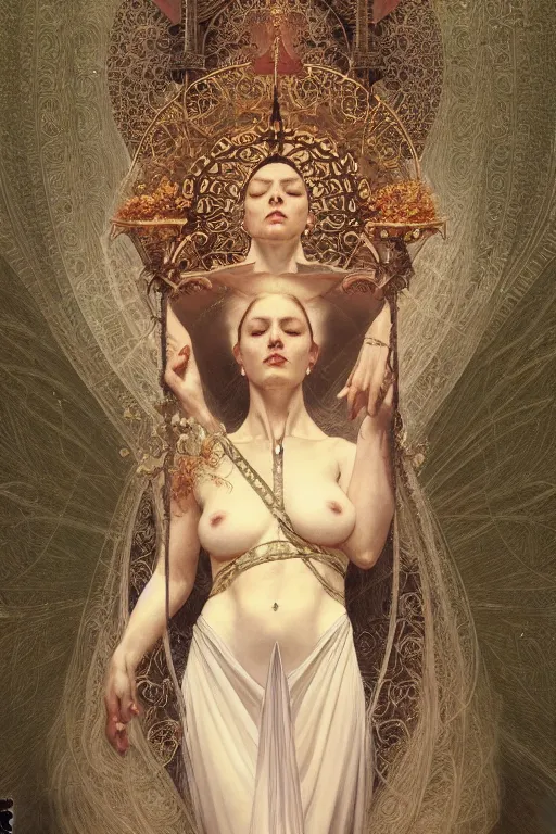 Image similar to a full body portrait of a beautiful ethereal delicate roman catholic bishopress meditative sacral pose catholic stages of the cross, intricate, elegant, highly detailed, digital painting, artstation, concept art, smooth, sharp focus, illustration, art by krenz cushart and artem demura and alphonse mucha